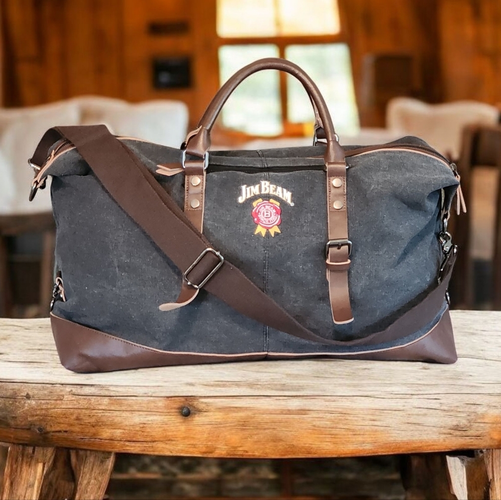 Jim Beam Canvas Duffel Bag Vegan Leather Weekender Charcoal Embroidered Travel